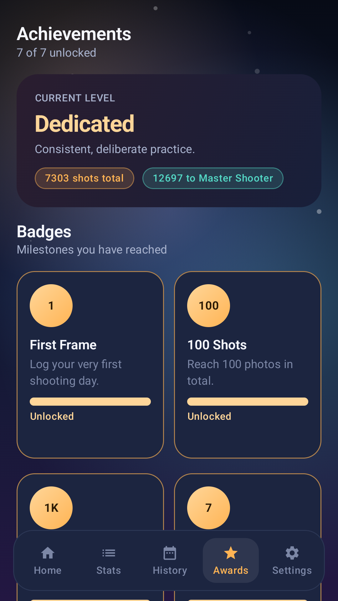 Achievement screen in Pure Shot Stats