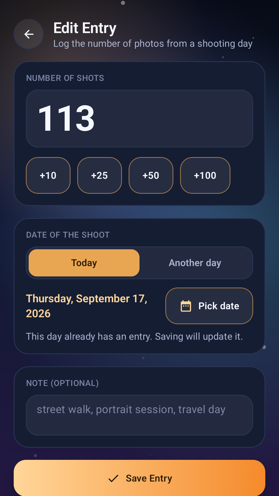 Pure Shot Stats entry screen