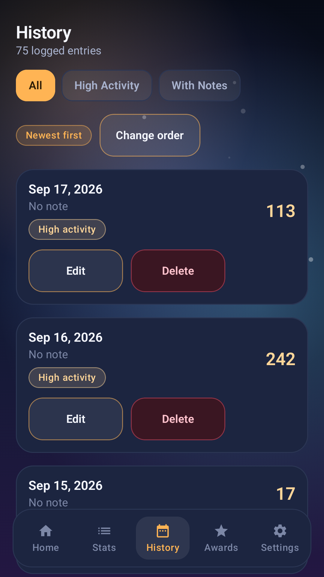 History screen in Pure Shot Stats
